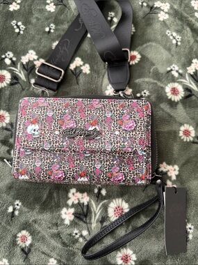 Ed Hardy Floral Leopard Crossbody Wristlet - Pink